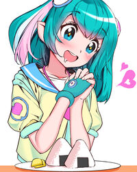  :d aqua_eyes aqua_gloves aqua_hair blush commentary cropped_jacket cropped_torso drooling female fingerless_gloves food fujitwo gloves hagoromo_lala hair_ornament happy head_tilt heart heart_hair_ornament heart_print highres interlocked_fingers jacket looking_at_food medium_hair multicolored_hair no_antennae nori_(seaweed) onigiri open_mouth own_hands_together pink_hair plate pointy_ears precure rice sailor_collar shiny_skin short_sleeves simple_background single_glove smile solo spoken_heart star-shaped_pupils star_(symbol) star_color_pendant star_in_eye star_twinkle_precure streaked_hair symbol-shaped_pupils symbol_in_eye teeth unfinished upper_body upper_teeth_only white_background white_hair yellow_jacket 