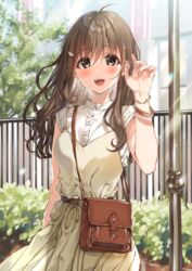  ahoge arm_at_side bag belt blush brown_eyes brown_hair building bush dress female fence hair_ornament hairclip hand_up highres kukiha leather_belt long_hair open_mouth original outdoors pole shirt sleeveless smile solo standing teeth tree upper_teeth_only white_shirt yellow_dress 