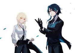  1boy black_gloves black_hair blonde_hair closed_mouth collared_shirt diamond_(shape) eyeshadow facial_mark female forehead_mark formal genshin_impact glove_pull gloves green_hair hand_on_own_thigh highres jacket long_sleeves looking_at_viewer lumine_(genshin_impact) makeup multicolored_hair n.s.egg necktie open_mouth parted_bangs red_eyeshadow shirt short_hair_with_long_locks simple_background suit two-tone_hair unworn_jacket white_background xiao_(genshin_impact) yellow_eyes 