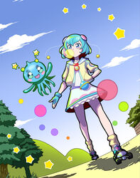  alien alternate_eye_color antennae aqua_eyes aqua_gloves aqua_hair artist_name blowing_bubbles blue_eyes blue_sailor_collar blue_sky brick_wall chewing_gum circle cloud cloudy_sky commentary cropped_jacket day dress dutch_angle female fingerless_gloves foreshortening frilled_dress frills gloves green_hair hagoromo_lala hair_between_eyes hair_ornament hand_in_pocket heart heart_hair_ornament heart_print hill jacket kandagawa_gufu loose_socks multicolored_clothes multicolored_dress multicolored_eyes multicolored_hair outdoors pine_tree pink_eyes pink_hair precure prunce_(precure) roller_skates sailor_collar shadow short_hair short_sleeves signature skates sky socks star-shaped_pupils star_(symbol) star_color_pendant star_in_eye star_twinkle_precure streaked_hair symbol-shaped_pupils symbol_in_eye tree white_hair yellow_jacket yellow_legwear 