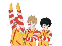  ... 3boys afro arms_up bad_id bad_twitter_id bakugou_katsuki black_hair blonde_hair blue_eyes boku_no_hero_academia clown colored_skin commentary cosplay facepaint freckles from_side gloves hands_up heterochromia jacket jin_hua male_focus mcdonald&#039;s midoriya_izuku multicolored_hair multiple_boys open_mouth parody ran_ran_ru red_eyes red_hair ronald_mcdonald ronald_mcdonald_(cosplay) short_hair simple_background striped_clothes striped_sweater sweater symbol-only_commentary todoroki_shouto two-tone_hair upper_body white_background white_hair white_skin yellow_gloves yellow_jacket 