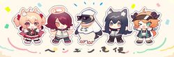  1boy 4girls animal_ears arknights bird bison_(arknights) black_hair blonde_hair chibi closed_mouth croissant_(arknights) emperor_(arknights) emperor_penguin exusiai_(arknights) hair_over_one_eye halo hand_up multiple_girls one_eye_closed open_mouth orange_hair penguin penguin_logistics_(arknights) peroppafu red_hair short_hair smile sora_(arknights) sunglasses texas_(arknights) wings 