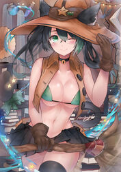  ;) absurdres animal_ears artist_name bangs bell bell_choker black_choker black_hair black_legwear black_skirt blush book_stack breasts broom brown_gloves brown_jacket buttons cat_ears cat_girl cat_tail choker cleavage commentary commission cowboy_shot cropped_jacket ears_through_headwear english_commentary female flask glasses gloves gradient_hair green_bikini_top green_eyes green_hair hair_between_eyes hand_on_headwear hat highres indoors jacket jingle_bell large_breasts long_hair looking_at_viewer multicolored_hair navel neonbeat one_eye_closed open_clothes open_jacket original pleated_skirt skirt smile solo star tail tharkis thighhighs twintails witch_hat 