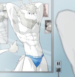  absurd_res anthro ao_lie armpit_hair blue_eyes body_hair clothed clothing dragon eastern_dragon fei_ren_zai_(non_human) grey_hair hair hi_res horn jockstrap looking_at_viewer male mane mirror muscular muscular_male mythological_creature mythological_scalie mythology scalie solo tail takochinki topless underwear white_body 