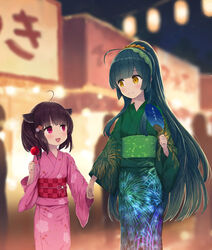  2girls ahoge alternate_costume black_hair blunt_bangs blurry blush bob_cut brown_eyes candy_apple commentary_request dark_green_hair depth_of_field eye_contact festival fireworks_print floral_print food food_stand green_hair green_hairband hairband hand_fan happy headgear height_difference high_ponytail highres holding_hands isou_nagi japanese_clothes kimono lantern lolicon long_hair looking_at_another looking_to_the_side multiple_girls night obi open_mouth outdoors paper_fan paper_lantern pea_pod photoshop_(medium) purple_eyes sash siblings sisters sky smile star_(sky) summer touhoku_kiritan touhoku_zunko uchiwa voiceroid walking yukata 