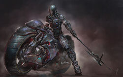  1boy armor axe biomega body_armor bodysuit commentary_request cyberpunk gas1 helmet highres holding holding_axe holding_weapon kanoe_zouichi motor_vehicle motorcycle motorcycle_helmet on_motorcycle realistic science_fiction weapon 