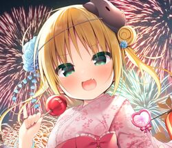  :3 :d aerial_fireworks bear_mask blonde_hair blue_flower blue_rose blush bow candy_apple cherry_blossom_print commentary double_bun female fireworks floral_print flower food frilled_bow frills green_eyes hair_bun hair_flower hair_ornament hanamiya_natsuka heart holding holding_food japanese_clothes kimono long_hair looking_at_viewer mask mask_on_head night obi oerba_yun_fang open_mouth original outdoors parted_bangs pink_kimono print_kimono red_bow rose sash smile solo twintails upper_body 