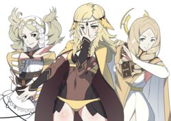  3girls absurdres blonde_hair bodystocking brand_of_the_exalt breasts cape commission commissioner_upload dab_(dance) eighteenetzel emmeryn_(fire_emblem) fire_emblem fire_emblem_awakening fire_emblem_fates grandmother_and_granddaughter hair_ornament headdress highres jojo_pose lissa_(fire_emblem) long_hair medium_breasts multiple_girls ophelia_(fire_emblem) pose siblings sisters transparent_background 