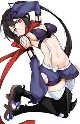  arm_up black_hair blush breasts buta-don cleavage commentary female fishnet_sleeves fishnets geta hand_on_own_forehead highres large_breasts magical_girl mahou_shoujo_ikusei_keikaku mahou_shoujo_ikusei_keikaku_unmarked midriff miniskirt navel ninja puffy_sleeves red_eyes ripple_(mahoiku) sandals scarf simple_background skirt solo tabi tengu-geta thighhighs white_background white_thighhighs zettai_ryouiki 