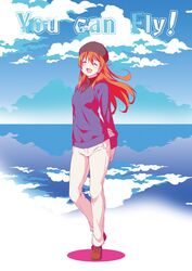  beret blue_sky closed_eyes cloud cloudy_sky commentary_request english_text female female_singer_(love_live!) full_body hat jewelry katoryu_gotoku long_hair love_live! love_live!_school_idol_project love_live!_the_school_idol_movie necklace ocean orange_hair pants sidelocks sky smile solo standing white_pants 