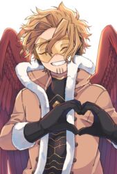  1boy backlighting black_gloves black_shirt blonde_hair boku_no_hero_academia brown_jacket buttons closed_eyes commentary_request facial_hair facing_viewer feathered_wings fur-trimmed_gloves fur-trimmed_jacket fur_trim gloves goggles grin happy hawks_(boku_no_hero_academia) headphones heart heart_hands high_collar jacket long_sleeves male_focus miso_(mimimiso) red_wings shirt short_hair simple_background smile solo stubble tinted_eyewear upper_body white_background wings yellow-tinted_eyewear 