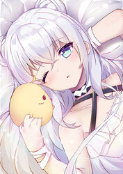  +_+ ;o arm_behind_head azur_lane bare_shoulders bed_sheet bird blue_eyes breasts chick chinese_commentary choker cleavage collarbone commentary_request criss-cross_halter double_bun female hair_bun halterneck kana_(kuaua) le_malin_(azur_lane) le_malin_(sleepy_sunday)_(azur_lane) looking_at_viewer lying manjuu_(azur_lane) official_alternate_costume on_back on_bed one_eye_closed open_mouth ribbon sidelocks small_breasts solo stuffed_animal stuffed_toy symbol-shaped_pupils white_hair wrist_ribbon 