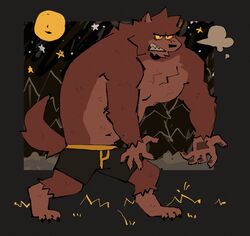  angry anthro big_muscles boxers_(clothing) canid canine canis clothing full_moon fur hi_res male mammal moon muscular mythological_canine mythological_creature mythology night red_body red_fur soildweller solo underwear were werecanid werecanine werewolf wolf yellow_eyes 