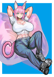  abs absurdres animal_ears arms_behind_head bell blush breasts cat_ears cat_girl cat_tail choker cleavage commission denim female ghgnvm green_eyes highres jeans large_breasts muscular muscular_female neck_bell oerba_yun_fang original pants pillow pink_hair pixiv_commission short_hair solo tail 