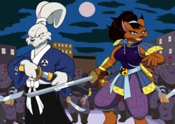  2012 anthro brown_body brown_fur building canid canine city clothing droll3 duo female fox full_moon fur lagomorph leporid male mammal melee_weapon miyamoto_usagi moon ninjara_(tmnt) rabbit samurai sword teenage_mutant_ninja_turtles teeth umeko_(tmnt) usagi_yojimbo warrior weapon white_body white_fur yin_yang 