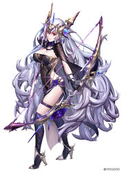  arrow_(projectile) black_gloves bow_(weapon) breasts cleavage commentary_request covered_navel female gloves gwyneth_(pride_of_eden) headgear high_heels highres large_breasts long_hair looking_at_viewer mana_(remana) official_art photoshop_(medium) profile purple_hair red:_pride_of_eden red_eyes side_slit solo thigh_strap very_long_hair weapon white_background 