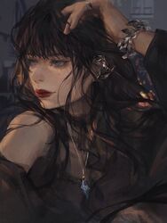  bare_shoulders black_dress black_hair blue_eyes bracelet choker commentary_request detached_sleeves dress earrings female final_fantasy final_fantasy_xiv frilled_choker frills gaia_(ff14) hand_on_own_head highres hyur jewelry long_hair looking_to_the_side necklace red_lips ring solo sukly 