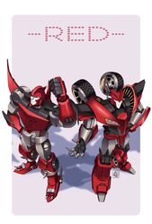  2boys beast_wars beast_wars:_transformers black_sclera clenched_hand color_connection colored_sclera decepticon highres knockout_(transformers) lantana0_0 looking_up mecha multiple_boys no_humans open_hand predacon red_eyes red_theme robot science_fiction shadow smirk terrorsaur transformers transformers_prime 