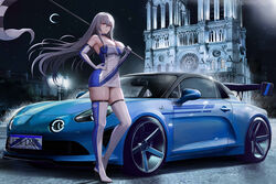  absurdres alpine_(carmaker) alpine_a110 alternate_costume ass azur_lane bare_shoulders blue_choker boots breasts car cathedral character_name checkered_flag choker cleavage collarbone commentary commission copyright_name country_connection covered_navel crescent_moon dress elbow_gloves english_commentary female flag france full_body gloves grey_hair hair_between_eyes hand_on_own_hip high_heel_boots high_heels highres holding holding_pole kcar66t large_breasts license_plate long_hair looking_at_viewer mole mole_under_eye moon motor_vehicle night night_sky no_mole notre_dame_de_paris outdoors paris pixiv_commission pole product_placement race_queen real_world_location red_eyes revision saint-louis_(azur_lane) shadow sidelocks skindentation sky solo spoiler_(automobile) sports_car standing star_(sky) starry_sky strapless strapless_dress thick_thighs thigh_boots thighs tight_clothes vehicle_focus white_dress white_footwear white_gloves yostar 