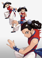  absurdres bad_id bad_twitter_id bell black_hair brown_eyes chinese_clothes fatal_fury female gradient_background hair_bell hair_ornament highres korean_commentary kung_fu li_xiangfei multiple_views simple_background sleeveless some1else45 the_king_of_fighters wristband 