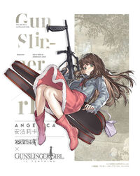  angelica_(gunslinger_girl) assault_rifle bipod blue_jacket boots brown_hair bullpup copyright_name crossover dress english_text female girls&#039;_frontline green_eyes grip gun gunslinger_girl hair_ribbon highres holding holding_gun holding_weapon jacket long_hair long_sleeves nishiro_ryoujin official_art pink_dress pink_footwear promotional_art ribbon rifle solo steyr_aug weapon 