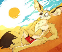  anthro boxer_briefs canid canine clothed clothing digital_media_(artwork) eliot_b_luster fennec_fox fox fur gothwolf lying male mammal nipples smile solo teeth topless true_fox tuft underwear yellow_body yellow_fur 