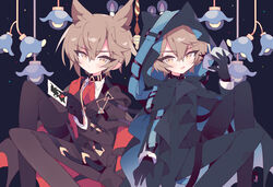  2boys absurdres alternate_costume animal_ears arknights black_gloves blush brown_eyes brown_hair card cat_boy cat_ears choker cowboy_shot formal gloves highres holding holding_mask hood hoodie infection_monitor_(arknights) jacket male_focus mask multiple_boys necktie peroppafu phantom_(arknights) red_necktie shirt sitting suit white_shirt 