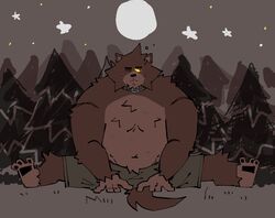  anthro bottomwear canid canine canis clothing collar forest good_boy hi_res male mammal mythological_canine mythological_creature mythology night overweight overweight_male plant shorts soildweller solo tree were werecanid werecanine werewolf wolf 