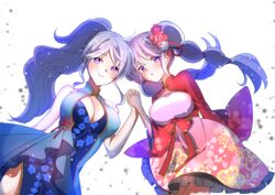  2girls absurdres alternate_costume azusa_(azchemist63) bare_shoulders blue_dress breasts cleavage cousins dress fire_emblem fire_emblem:_genealogy_of_the_holy_war floral_print flower hair_flower hair_ornament highres holding_hands ishtar_(fire_emblem) large_breasts long_hair looking_at_viewer multiple_girls ponytail purple_eyes purple_hair red_dress smile tine_(fire_emblem) twintails white_background 