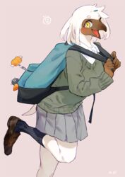  anthro avian backpack bag bebebebebe biped bird bird-chan_(bebebebebe) blush brown_body brown_feathers clothed clothing feathers female footwear hair happy legwear looking_at_viewer on_one_leg open_mouth school_uniform shirt shoes short_hair simple_background smile socks solo standing sweater tan_background tongue topwear uniform white_body white_feathers white_hair yellow_eyes 