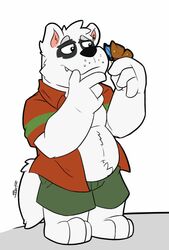  2019 anthro bear belly bottomwear canid canine canis clothed clothing cute_fangs fur giant_panda hi_res humanoid_hands hybrid male mammal open_clothing open_shirt open_topwear shirt shorts simple_background slightly_chubby solo thepandobo topwear white_background white_body white_fur wolf 