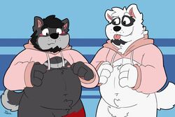  2018 anthro bear belly black_body black_fur blue_background blush canid canine canis clothing cute_fangs duo fur giant_panda hoodie humanoid_hands hybrid male mammal meme meme_clothing moobs navel nipples overweight overweight_male simple_background thepandobo tongue tongue_out topwear twitter_hoodie white_body white_fur wolf 