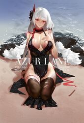  absurdres artist_name azur_lane beach black_dress black_flower breasts brown_thighhighs center_opening cleavage copyright_name dated dianice dress evening_gown female flower fur_shawl hair_flower hair_ornament halter_dress halterneck hand_on_own_chest highres large_breasts long_hair looking_at_viewer official_alternate_costume plunging_neckline red_eyes seiza shawl shiny_skin sitting solo thighhighs torn_clothes torn_thighhighs under_skirt water wet wet_clothes white_hair yorck_(azur_lane) yorck_(breaker_under_the_blood_moon)_(azur_lane) 