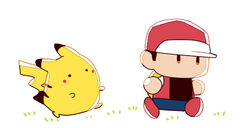  clothing den255 duo generation_1_pokemon grass hat headgear headwear human male mammal nintendo pikachu plant pokemon pokemon_(species) pokemon_trainer red&#039;s_pikachu red_(pokemon) simple_background walking white_background 