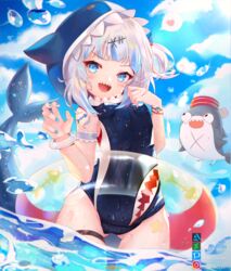  :d adapted_costume animal_hood ass_visible_through_thighs bloop_(gawr_gura) blue_eyes blue_nails blue_one-piece_swimsuit blue_sky bracelet breasts cameltoe cloud cloudy_sky covered_nipples day female fins fish_tail gawr_gura gawr_gura_(1st_costume) grey_hair heart highres hitokiri_battousai hololive hololive_english hood innertube jewelry looking_at_viewer nail_polish ocean one-piece_swimsuit open_mouth outdoors partially_submerged shark_girl shark_hood shark_tail sharp_teeth short_hair sky small_breasts smile spoken_heart swim_ring swimsuit tail teeth thigh_strap tongue v-shaped_eyebrows virtual_youtuber water wet 