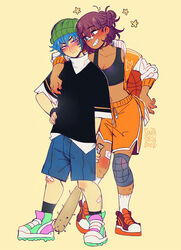  1boy aubrey_(omori) ball baseball_bat basketball basketball_(object) black_sports_bra blue_hair blue_shorts blush breasts brown_eyes brown_hair cleavage closed_mouth commentary_request dark-skinned_female dark_skin denim denim_shorts female genderswap_(ftm) genderswap_(mtf) grin highres holding holding_baseball_bat kel_(omori) looking_at_another medium_breasts nail nail_bat navel omori orange_shorts parted_lips pink_eyes rule_63 shoes short_hair shorts sintastein smile sneakers socks sports_bra teeth white_footwear white_socks 