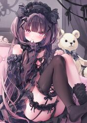  babydoll bare_shoulders black_babydoll black_dress black_panties blush breasts commentary_request dress female frilled_babydoll garter_straps hair_ornament hairband highres legwear_garter lingerie lolita_fashion lolita_hairband long_hair looking_at_viewer medium_breasts mouth_hold negligee original panties pink_eyes purple_hair revealing_clothes rubi-sama single_thighhigh smile solo thighhighs underwear x_hair_ornament 