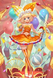  annelie_(dragalia_lost) blonde_hair blue_eyes breasts circus dagger dragalia_lost female full_body high_heels highres holding holding_dagger holding_knife holding_weapon knife looking_at_viewer lucidsky medium_hair navel small_breasts solo weapon 