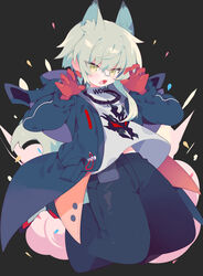  1boy animal_ears aosta_(arknights) arknights claw_pose english_text full_body gloves green_eyes grey_hair hand_up highres hood hoodie jacket male_focus oerba_yun_fang open_mouth pants peroppafu red_gloves shirt short_hair solo white_shirt wolf_boy wolf_ears 