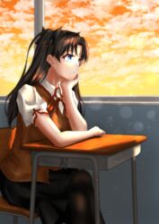  ash_(skyafter) blue_eyes blurry bokeh brown_hair brown_vest classroom crossed_legs depth_of_field desk expressionless fate/stay_night fate_(series) female hand_on_own_chin head_rest highres homurahara_academy_school_uniform indoors long_hair looking_outside pantyhose school_desk school_uniform solo sunset tohsaka_rin twintails vest window 