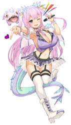  armpits badge bare_shoulders between_breasts blue_eyes blunt_bangs boots breasts bright_pupils button_badge character_name choker cleavage clothes_lift crop_top cross-laced_footwear crystal dithering dragon dragon_girl dragon_tail dragon_wings female full_body fur_trim garter_straps gradient_hair half_updo heart highres holding indie_virtual_youtuber knees_together_feet_apart large_breasts layered_skirt leg_up long_hair looking_at_viewer microphone midriff miniskirt multicolored_hair navel necktie necktie_between_breasts one_eye_closed open_mouth otoha_rilly outstretched_arm pink_hair plaid plaid_collar plaid_skirt pointing purple_hair satou_daiji see-through_silhouette simple_background skindentation skirt skirt_lift smile suspender_skirt suspenders tail thigh_gap thighhighs very_long_hair virtual_youtuber white_background white_footwear white_thighhighs wings wristband zettai_ryouiki 