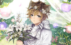  1boy animal_ears blue_eyes blush brown_hair closed_mouth day falling_petals flower flower_wreath highres holding holding_flower lily_(flower) looking_at_viewer makeup male_focus official_alternate_costume outdoors petals ruggie_bucchi scarf shirt short_hair solo twisted_wonderland upper_body white_scarf white_shirt yamaneko514 