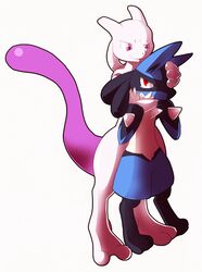 ambiguous_gender anthro blue_body blue_fur bodily_fluids canid canine duo felid fur generation_1_pokemon generation_4_pokemon legendary_pokemon lucario mammal mewtwo moffuriini_(artist) nintendo pokemon pokemon_(species) purple_eyes red_eyes simple_background sweat tears tuft