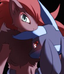 ambiguous_gender anthro black_body black_fur blue_body blue_fur canid canine duo fur generation_4_pokemon generation_5_pokemon green_eyes grey_body grey_fur hair looking_at_viewer lucario mammal moffuriini_(artist) navel nintendo open_mouth pokemon pokemon_(species) red_eyes red_hair zoroark