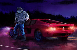 4_toes anthro barefoot biped bottomwear canid canine canis car clothed clothing cloud denim denim_bottomwear denim_clothing feet ferrari ferrari_testarossa jacket jeans landscape lights looking_away male mammal night outside pants racoonwolf road sky solo standing star toes topwear vehicle wolf