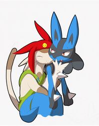 ambiguous_gender anthro betelgeusian blue_body blue_fur blush bodily_fluids canid canine closed_eyes duo felid fur generation_4_pokemon letterbox lucario male mammal meow_(space_dandy) moffuriini_(artist) nintendo open_mouth pokemon pokemon_(species) red_eyes simple_background smile space_dandy sweat tan_body tan_fur teeth tongue