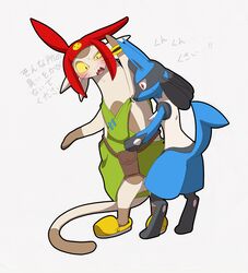 ambiguous_gender anthro betelgeusian blue_body blue_fur blush bodily_fluids bracelet canid canine clothing crocs duo felid footwear fur generation_4_pokemon hat headgear headwear japanese_text jewelry lucario male mammal meow_(space_dandy) moffuriini_(artist) nintendo open_mouth pokemon pokemon_(species) red_eyes shoes simple_background space_dandy sweat tan_body tan_fur teeth text tongue translation_request yellow_eyes