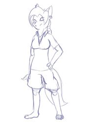 3:4 4_toes acethebigbadwolf anthro biped bottomwear canid canine canis clothing feet female fur hair jewelry kiera mammal piercing ponytail shirt shorts sketch smile solo standing toes topwear wolf