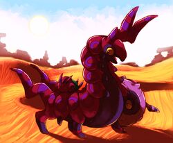 absurd_res ambiguous_gender arthropod cloud day desert duo evolutionary_family feral generation_5_pokemon hi_res looking_back mblock myriapod nintendo open_mouth outside pokemon pokemon_(species) purple_body sand scolipede size_difference sky sun venipede whirlipede yellow_sclera