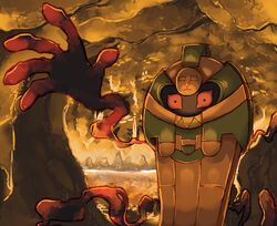 ambiguous_gender cave cofagrigus generation_5_pokemon hi_res mblock nintendo pokemon pokemon_(species) red_eyes solo water